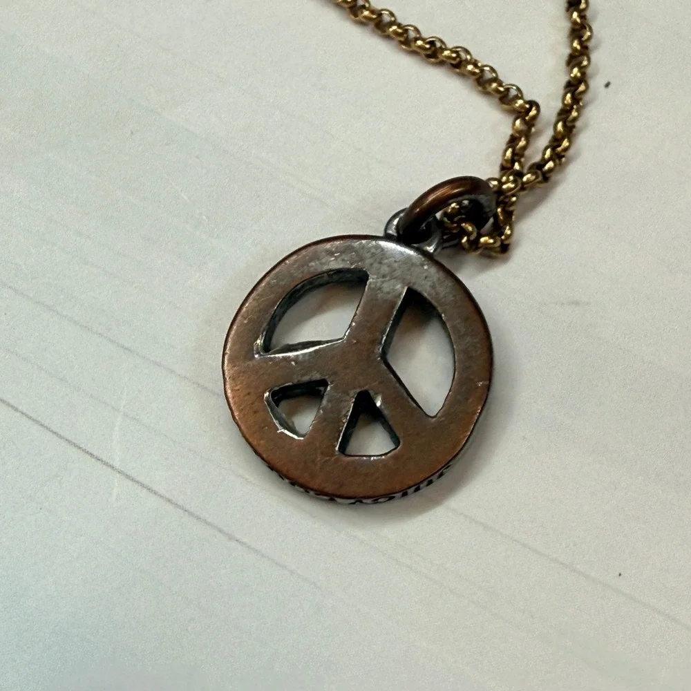 Juicy Couture Rhinestone Peace Sign Necklace Gold Tone Crown Logo Charm